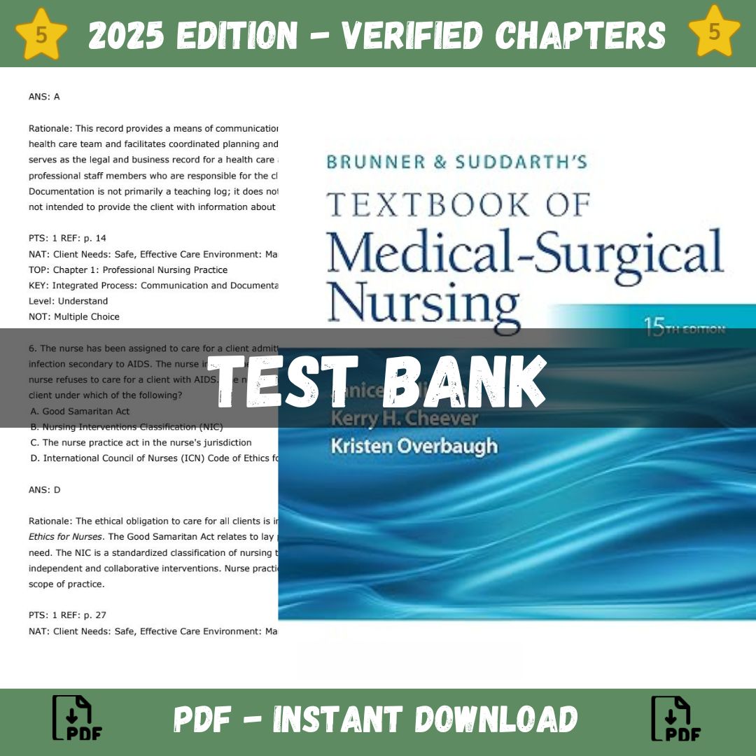 Test Bank – Brunner & Suddarth’s Textbook of Medical-Surgical Nursing, 15th Edition, (Janice L Hinkle, 2023)-StudyWithSyasil