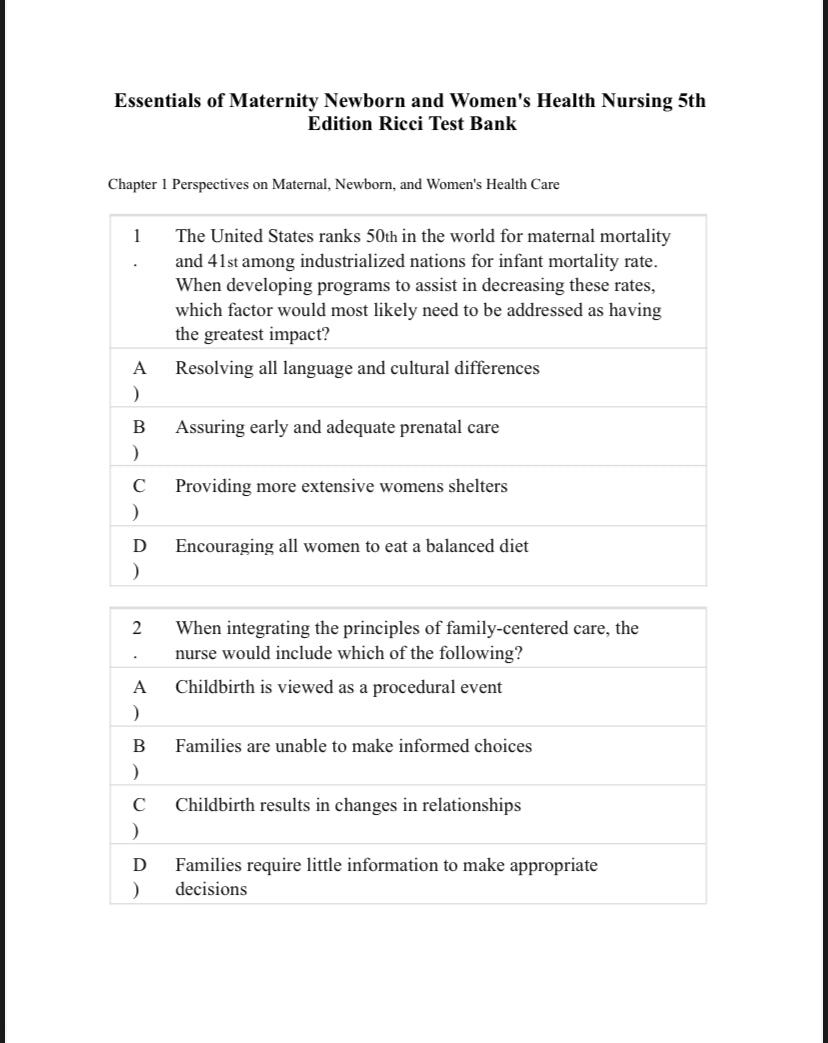 Test Bank Essentials of Maternity, Newborn, and Women’s Health Nursing, 5th Edition by Ricci-StudyWithSyasil