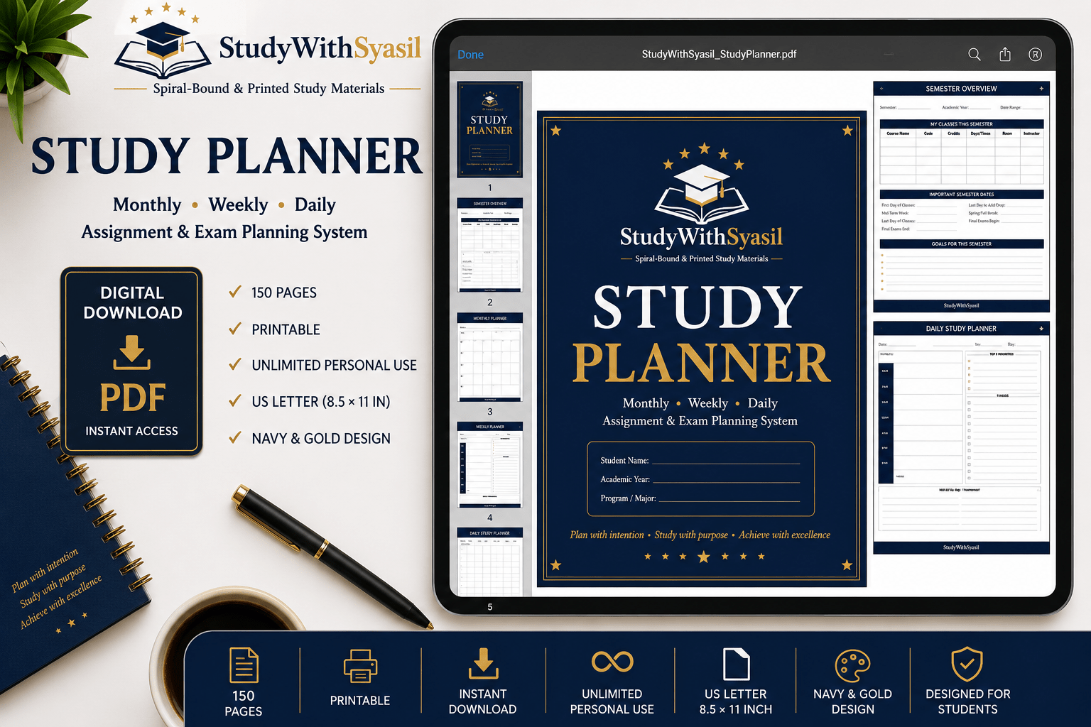 Digital Academic Planner PDF | Student Study Organizer | College, Nursing & University Planner | Weekly, Monthly & Daily Study Planner-StudyWithSyasil