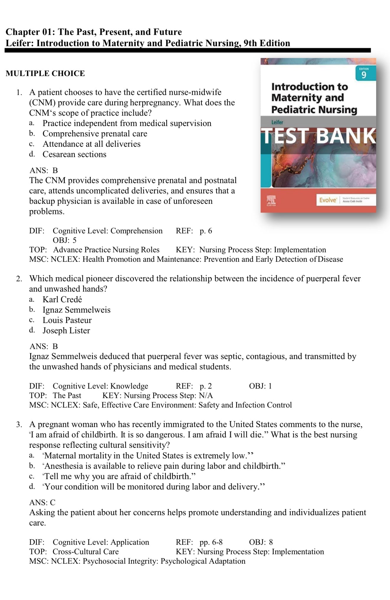 TEST BANK Introduction to Maternity and Pediatric Nursing 9th Edition Leifer-StudyWithSyasil