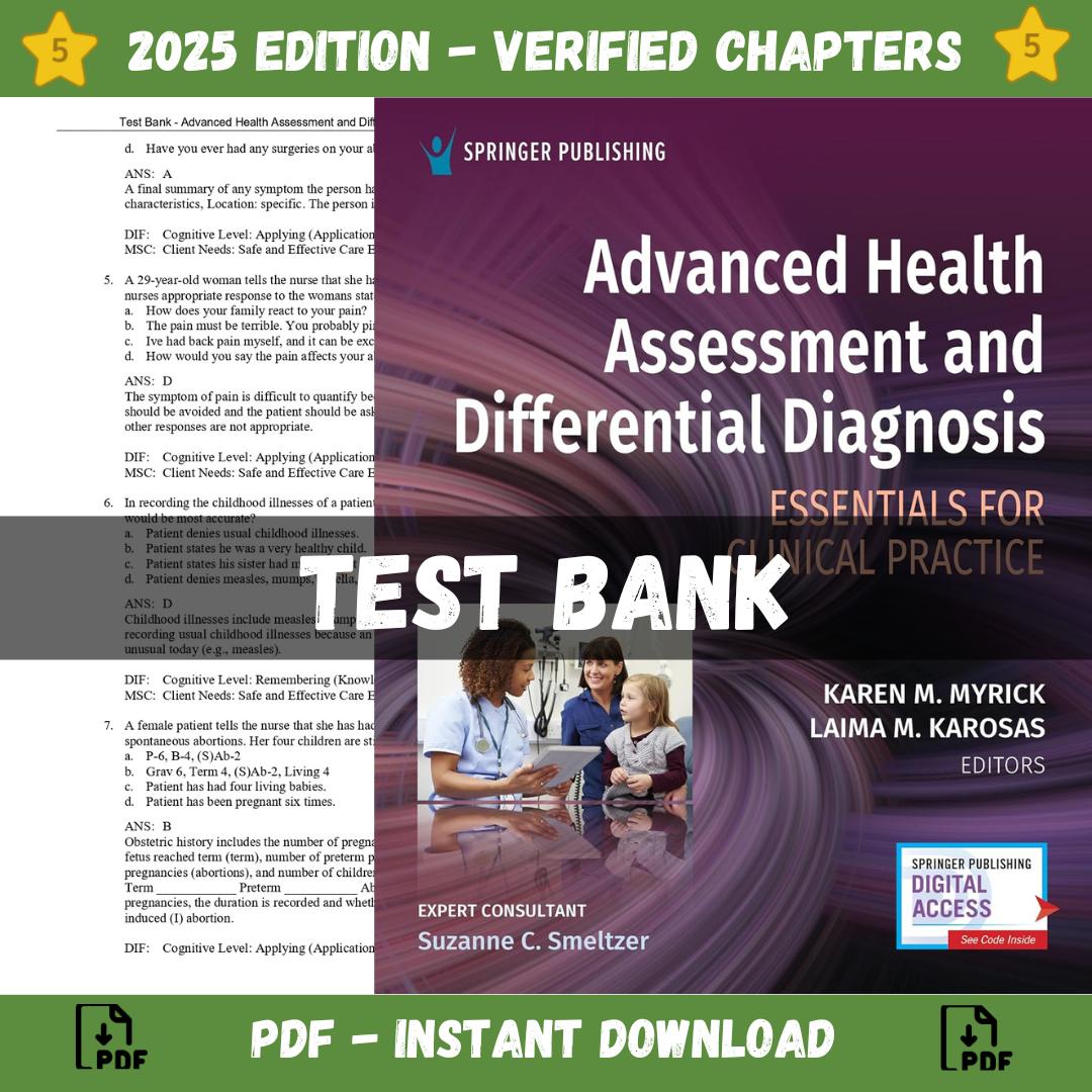 Test Bank – Advanced Health Assessment and Differential Diagnosis Essentials for Clinical Practice 1st Edition (Myrick, 2024)-StudyWithSyasil