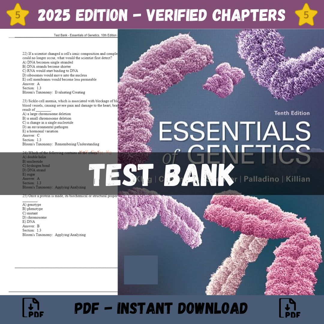 Test Bank – Essentials of Genetics, 10th Edition (Klug, 2020)-StudyWithSyasil