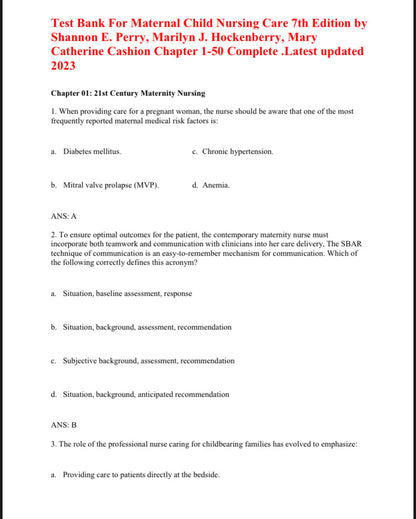 Test Bank For Maternal Child Nursing Care 7th Edition by Perry-StudyWithSyasil