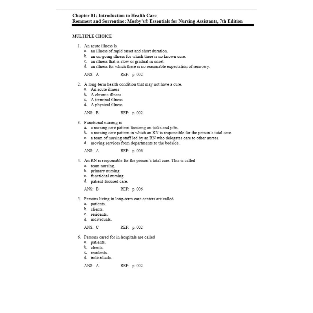 Test Bank For Mosby’s Essentials for Nursing Assistants 7th Edition By Remmert-StudyWithSyasil