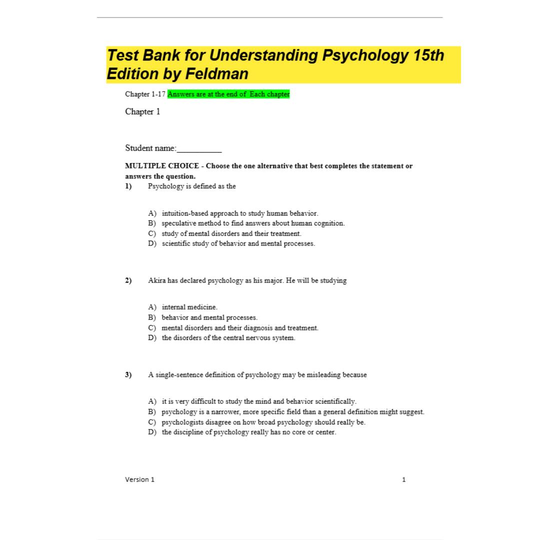 Test Bank For Understanding Psychology 15th Edition By Feldman-StudyWithSyasil