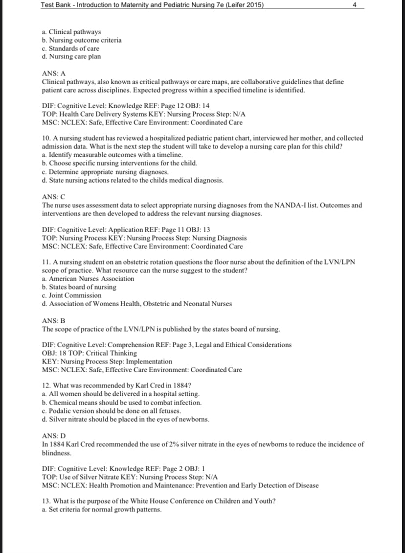 Test Bank - Introduction to Maternity and Pediatric Nursing 7th edition by Leifer-StudyWithSyasil