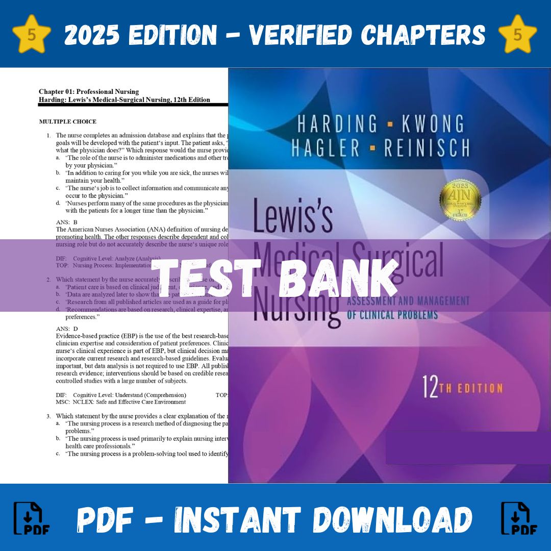 Test bank – Lewis’s Medical-Surgical Nursing 12th Edition (Harding, 2023)-StudyWithSyasil
