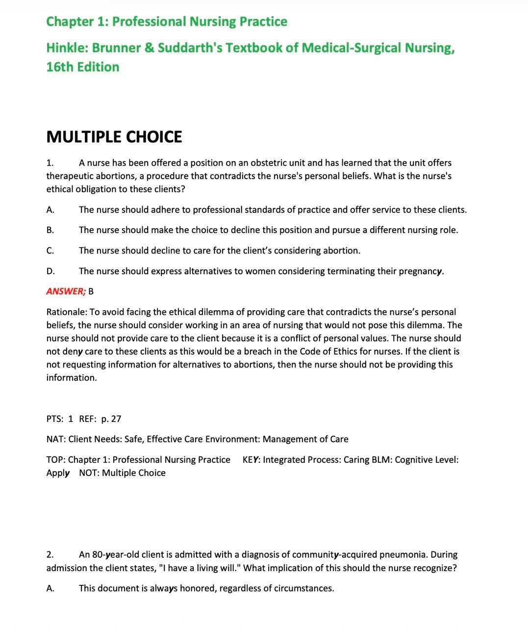 Test Bank Brunner & Suddarth's Medical-Surgical Nursing 16th Edition by Hinkle - StudyWithSyasil