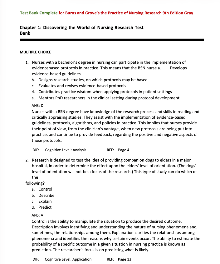 Test Bank Burns and Grove's The Practice of Nursing Research 9th Edition - StudyWithSyasil