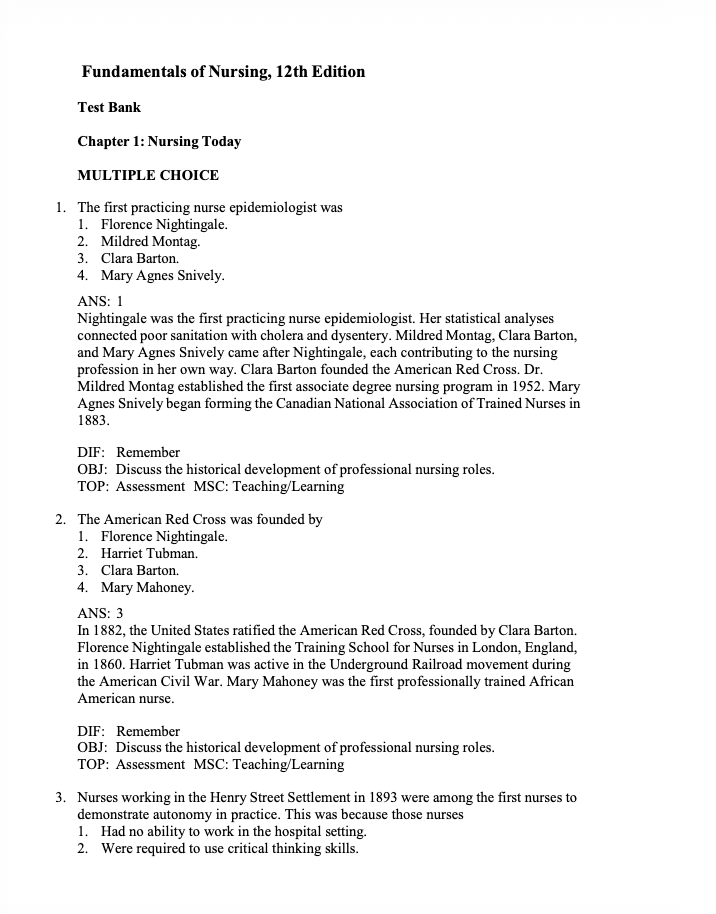 Test Bank Fundamentals of Nursing 12th Edition by Potter & Perry - StudyWithSyasil