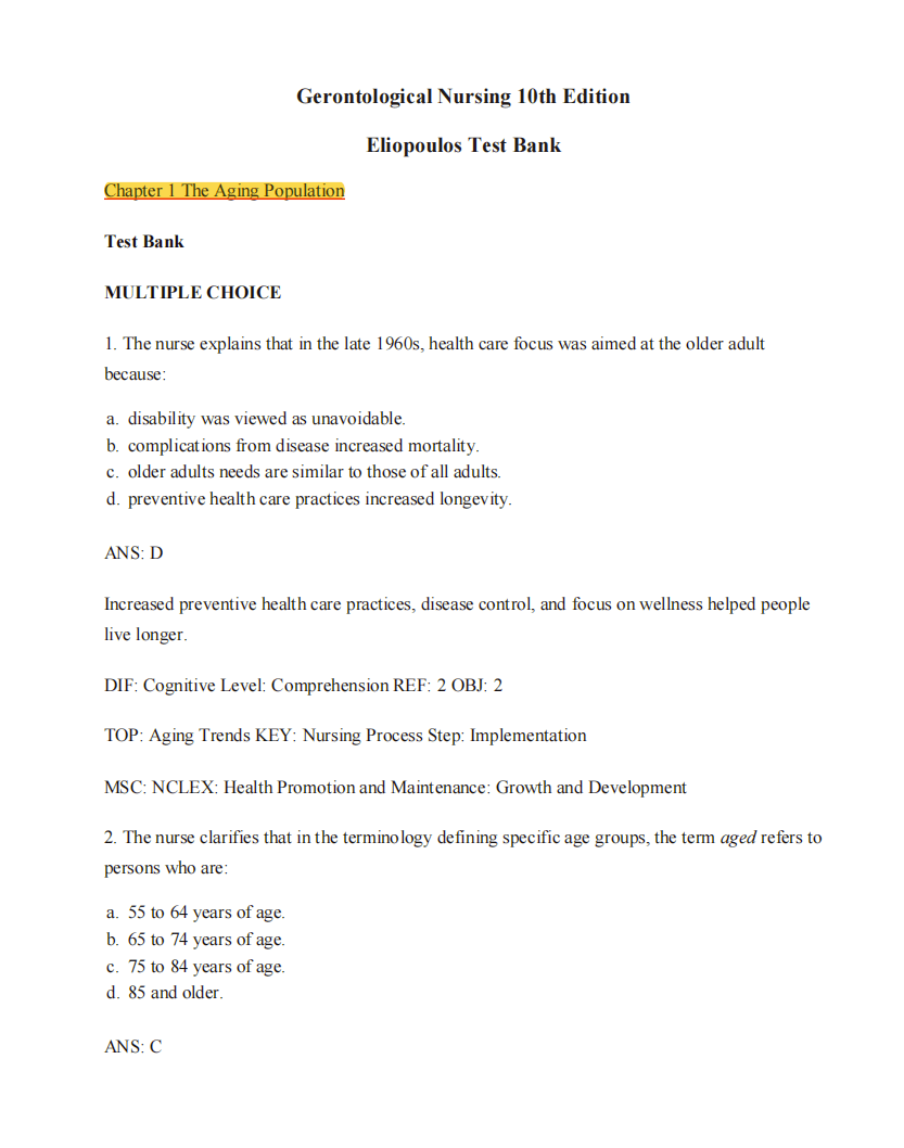 Test Bank Gerontological Nursing 10th Edition by Charlotte Eliopoulos - StudyWithSyasil