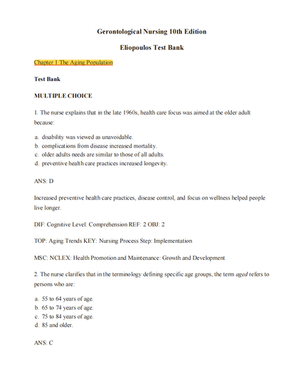 Test Bank Gerontological Nursing 10th Edition by Charlotte Eliopoulos - StudyWithSyasil
