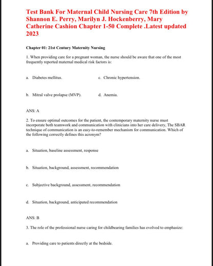 Test Bank Maternal Child Nursing Care 7th by Perry - StudyWithSyasil