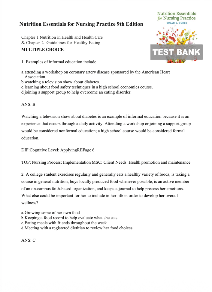Test Bank Nutrition Essentials for Nursing Practice 9th by Susan G. Dudek. - StudyWithSyasil