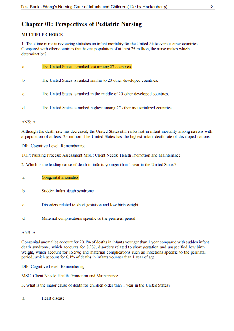 Test Bank Wong's Nursing Care of Infants and Children 12th Edition by Hockenberry - StudyWithSyasil